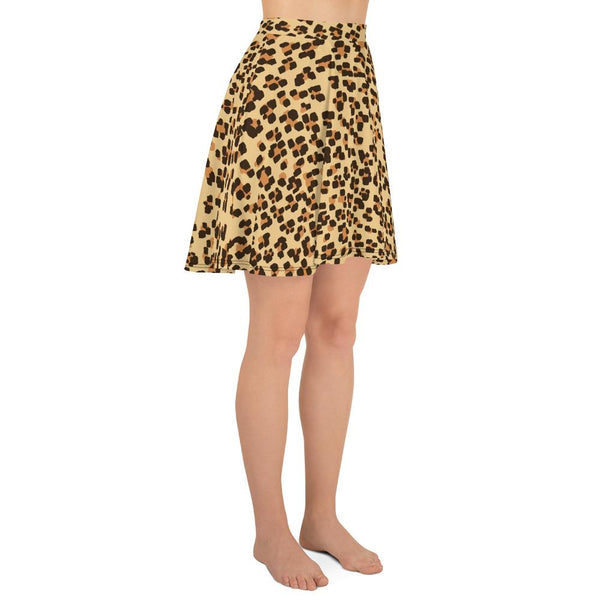 Leopard Print Women's Skater Skirt, Brown Animal Print Mid-Thigh Skirt-Made in USA/EU-Skater Skirt-Heidi Kimura Art LLC