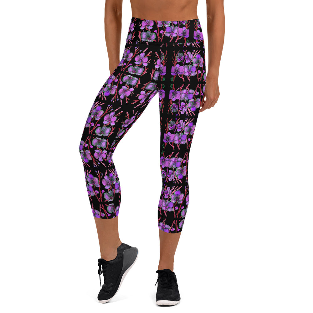 Purple Orchids Yoga Capri Leggings, Floral Print Women's Capris Tights- Made in USA/EU-Heidi Kimura Art LLC-XS-Heidi Kimura Art LLC