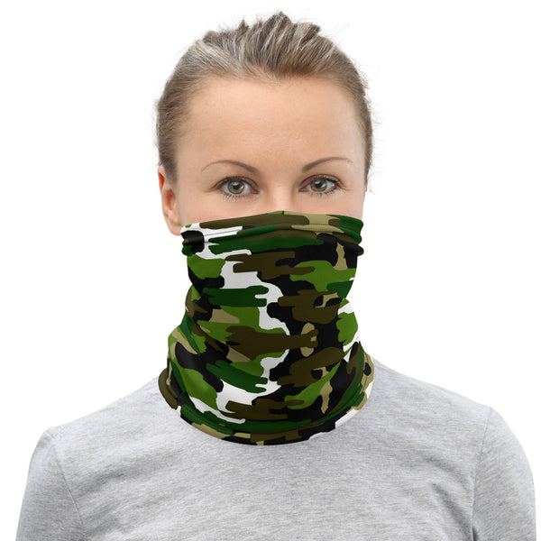 Green White Camo Neck Gaiter, Washable Bandana Face Mask Covering-Made in USA/EU-Heidi Kimura Art LLC-Heidi Kimura Art LLC Green White Camo Neck Gaiter, Camouflage Army Military Print Luxury Premium Quality Cool And Cute One-Size Reusable Washable Scarf Headband Bandana - Made in USA/EU, Face Neck Warmers, Non-Medical Breathable Face Covers, Neck Gaiters  