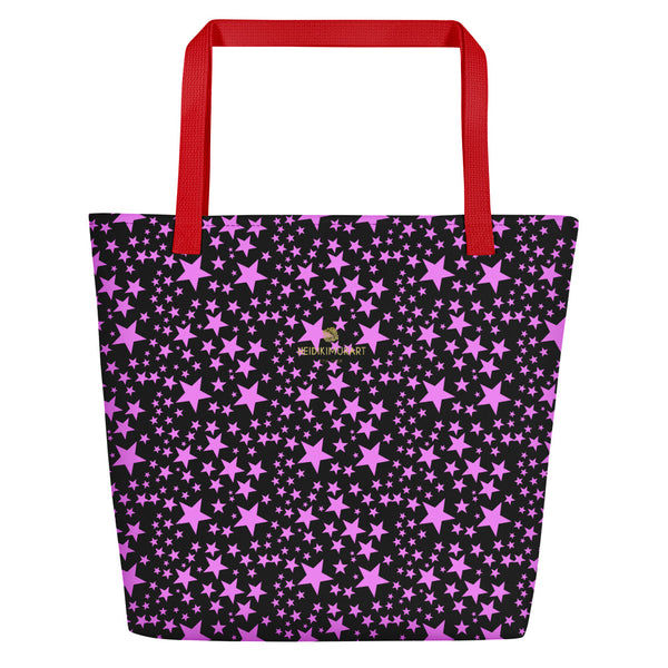 Black Pink Star Pattern Print Designer Large 16"x20" Beach Shopping Bag- Made in USA/EU-Beach Tote Bag-Heidi Kimura Art LLC