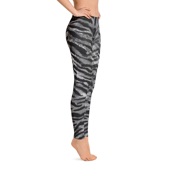 Black Grey Tiger Striped Women's Long Casual Leggings/ Running Tights - Made in USA-Casual Leggings-Heidi Kimura Art LLC