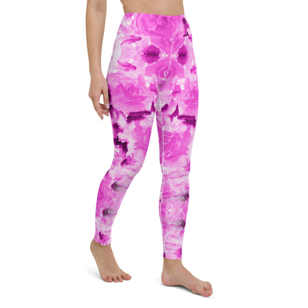 Hot Pink Floral Yoga Leggings, Abstract Print Women's Tights-Made in USA/EU-Heidi Kimura Art LLC-Heidi Kimura Art LLC