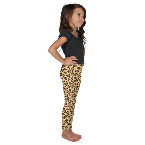 Brown Leopard Animal Print Cute Kid's Leggings Comfy Fitness Pants - Made in USA/ EU-Kid's Leggings-Heidi Kimura Art LLC
