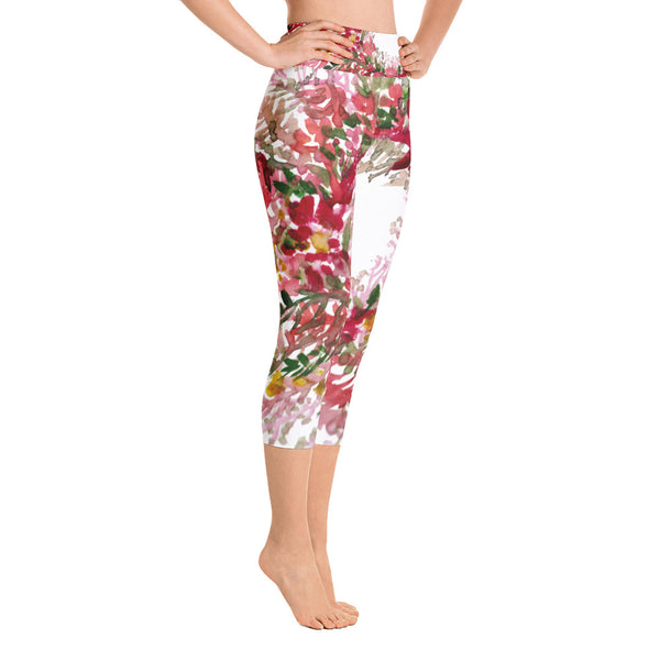 Red Floral Print Women's Capri Leggings, Best Autumn Red Capris Leggings- Made in USA/EU-Capri Yoga Pants-Heidi Kimura Art LLC