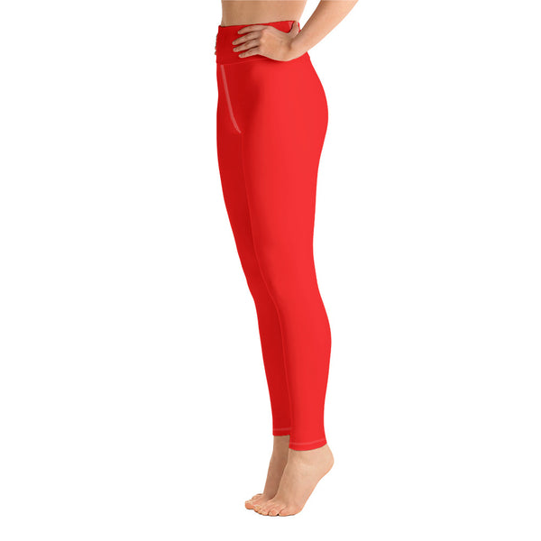 Women's Bright Red Solid Color Active Wear Fitted Leggings Pants - Made in USA-Leggings-Heidi Kimura Art LLC Bright Red Women's Leggings, Women's Gray Stripe Active Wear Fitted Leggings Sports Long Yoga & Barre Pants - Made in USA/EU (XS-XL)