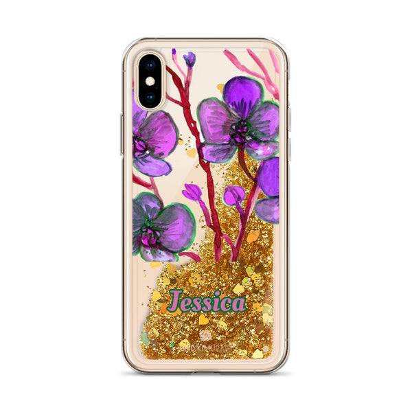 Personalized Orchid Glitter iPhone Case, Floral Print Liquid Glitter Phone Case-Heidi Kimura Art LLC-Gold-iPhone X/XS-Heidi Kimura Art LLC