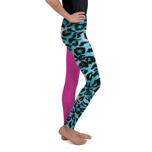 Hybrid Blue Leopard Animal Print Hot Pink Youth Leggings Tights- Made in USA/EU-Youth's Leggings-Heidi Kimura Art LLC