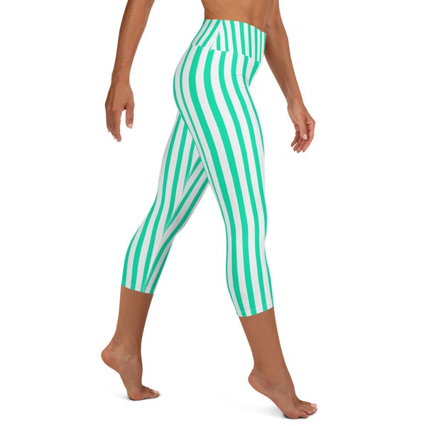 Turquoise Blue Vertical Stripe Print Women's Yoga Capri Leggings- Made in USA/ EU-Capri Yoga Pants-Heidi Kimura Art LLC