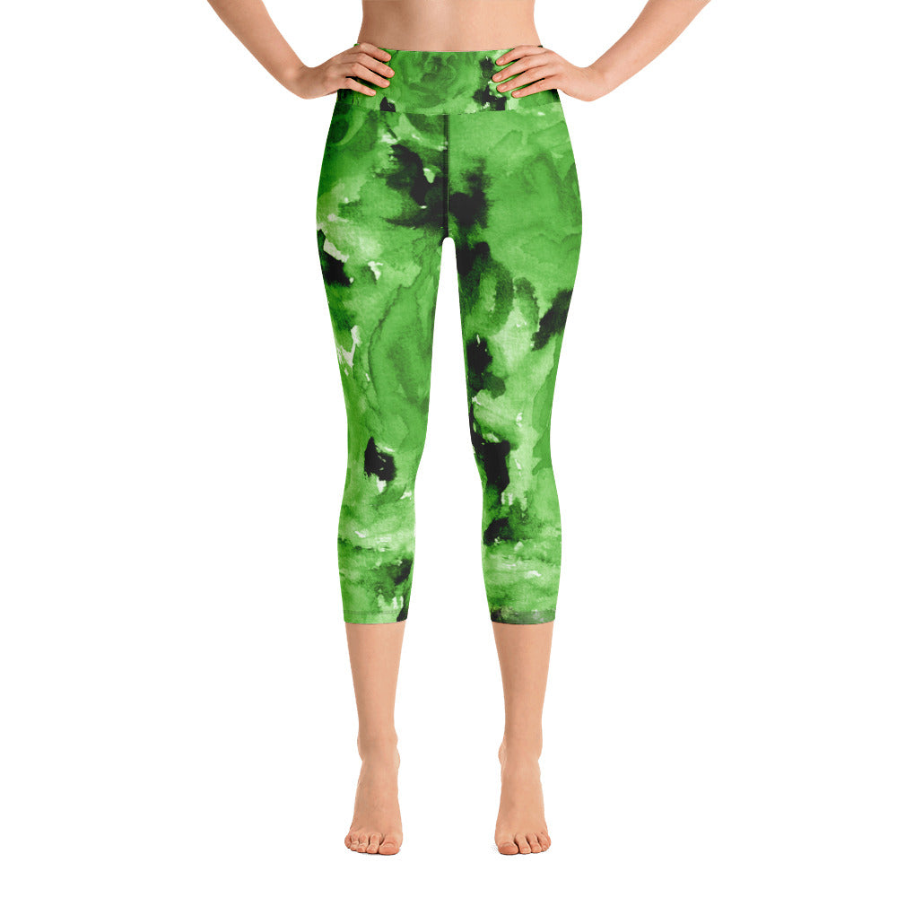 Green Floral Capri Leggings, Rose Women's Capris Yoga Pants Tights ...