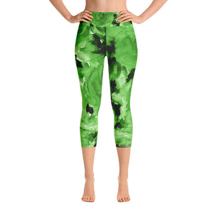 Green Floral Capri Leggings, Rose Women's Capris Yoga Pants Tights- Made in  USA/EU
