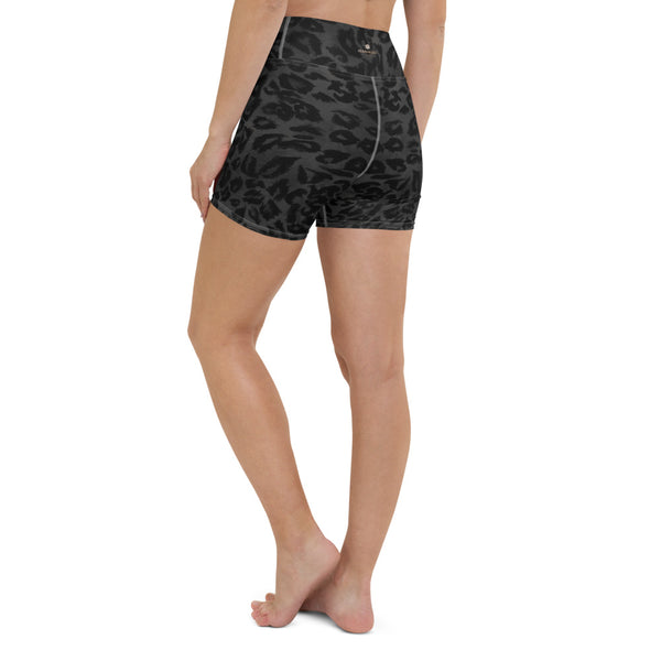 Leopard Animal Print Yoga Shorts, Black Leopard Print Premium Quality Women's High Waist Spandex Fitness Workout Yoga Shorts, Yoga Tights, Fashion Gym Quick Drying Short Pants With Pockets - Made in USA (US Size: XS-XL)