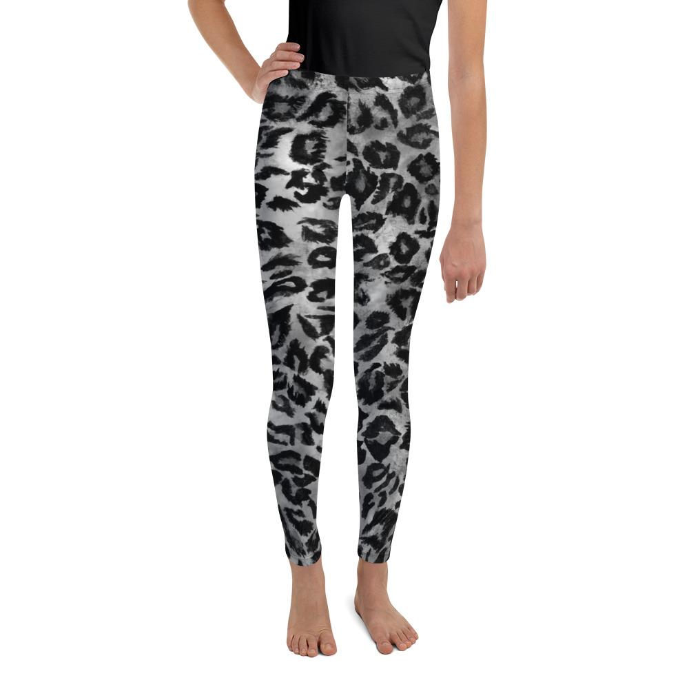 Gray Leopard Animal Print Premium Youth Leggings Tights Active Wear- Made in USA/EU-Youth's Leggings-8-Heidi Kimura Art LLC