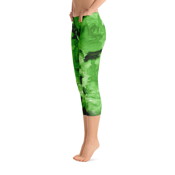 Green Rose Floral Designer Capri Leggings Spandex Tights- Made in USA (US Size: XS-XL)-capri leggings-Heidi Kimura Art LLC