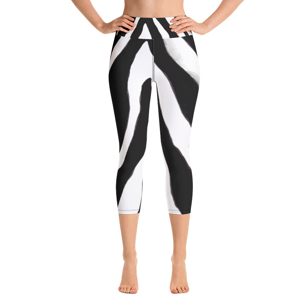 Zebra Stripe Print Designer Women's Yoga Capri Leggings Pants-Capri Yoga Pants-XS-Heidi Kimura Art LLC Zebra Yoga Capri Leggings, Black + White Zebra Stripe Print Designer Women's Yoga Capri Leggings Pants with Inside Pockets - Made in USA/EU (US Size: XS-XL)