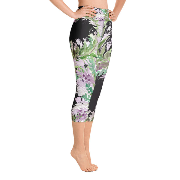 Purple French Lavender Floral Capri Yoga Pants Leggings Tights Pants -Made in USA/EU-Capri Yoga Pants-Heidi Kimura Art LLC