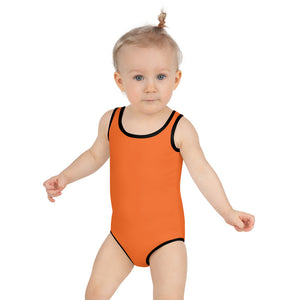 Hot Orange Girl's Swimwear, Solid Color Print Kids Swimsuit-Heidi Kimura Art LLC-2T-Heidi Kimura Art LLC