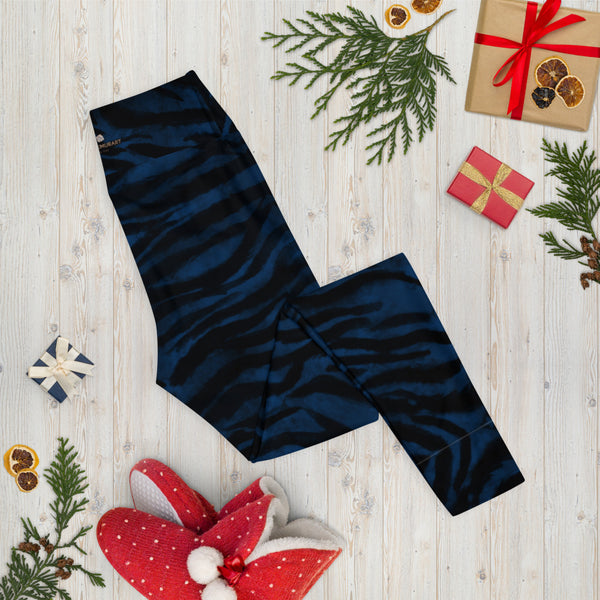 Navy Blue Tiger Yoga Leggings, Striped Animal Print Workout Tights-Heidikimurart Limited -Heidi Kimura Art LLC Navy Blue Tiger Yoga Leggings, Striped Animal Print Modern Women's Gym Workout Active Wear Fitted Leggings Sports Long Yoga & Barre Pants - Made in USA/EU/MX (US Size: XS-6XL)