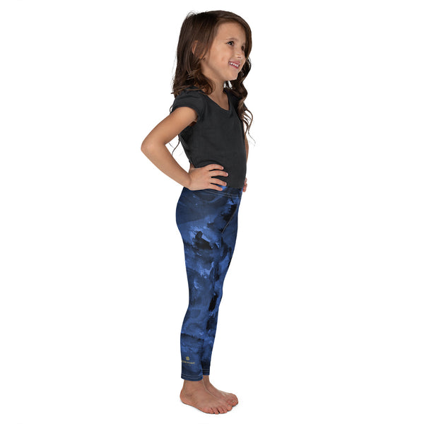 Navy Blue Abstract Rose Floral Print Kid's Leggings Cute Workout Pants- Made in USA/EU-Kid's Leggings-Heidi Kimura Art LLC