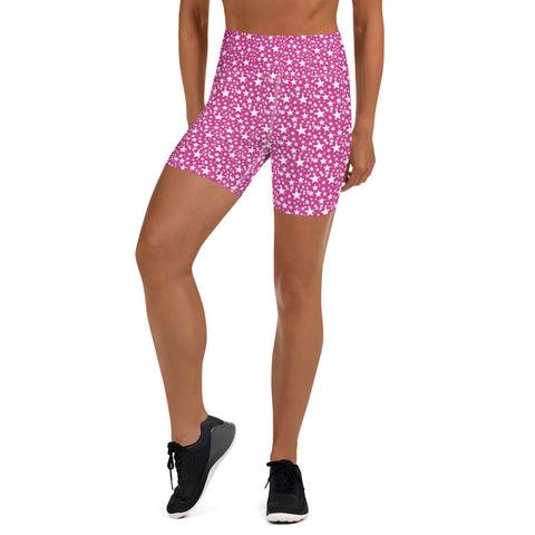 Pink White Star Print Pattern Women's Workout Fitness Yoga Shorts- Made in USA/EU-Yoga Shorts-XS-Heidi Kimura Art LLC