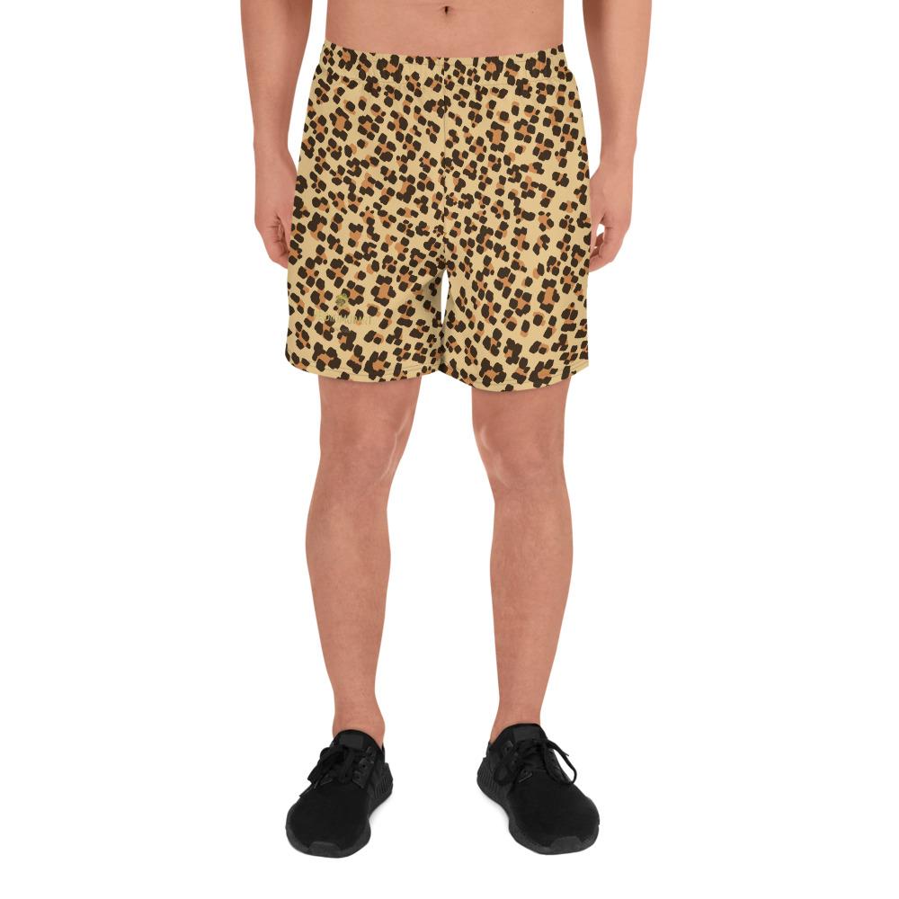 Brown Leopard Animal Print Men's Athletic Best Workout Long Shorts- Made in EU-Men's Long Shorts-XS-Heidi Kimura Art LLC