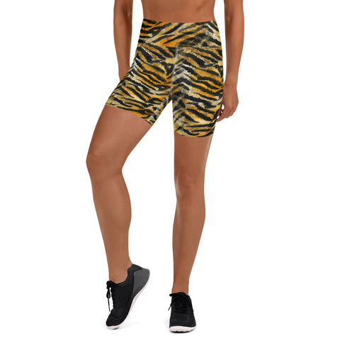 Orange Tiger Yoga Shorts, Striped Animal Print Premium Quality Women's High Waist Spandex Fitness Workout Yoga Shorts, Yoga Tights, Fashion Gym Quick Drying Short Pants With Pockets - Made in USA/EU (US Size: XS-XL)