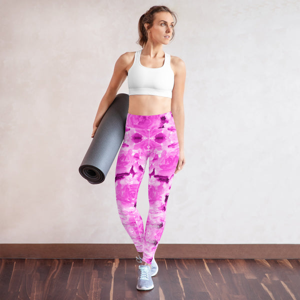 Hot Pink Floral Yoga Leggings, Abstract Print Women's Tights-Made in USA/EU-Heidi Kimura Art LLC-Heidi Kimura Art LLC