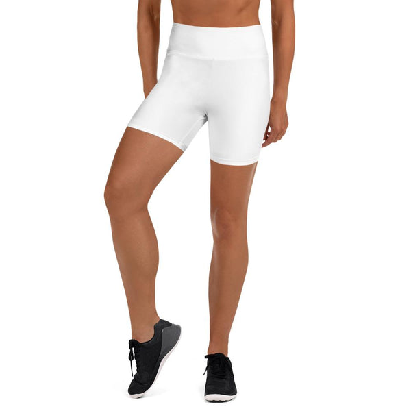 Solid White Color Workout Gym Fitness Pants, High Waist Yoga Shorts- Made in USA-Yoga Shorts-XS-Heidi Kimura Art LLC