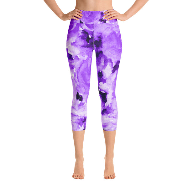 Purple Floral Yoga Capri Leggings, Abstract Flower Printed Leggings, Modern Sporty Print Capri Leggings Yoga Pants - Made in USA/EU (US Size: XS-XL) Bright Color Leggings, Pink Dressy Capri Leggings, Pink Capri Leggings, Pink Leggings Womens With Black Stripes 