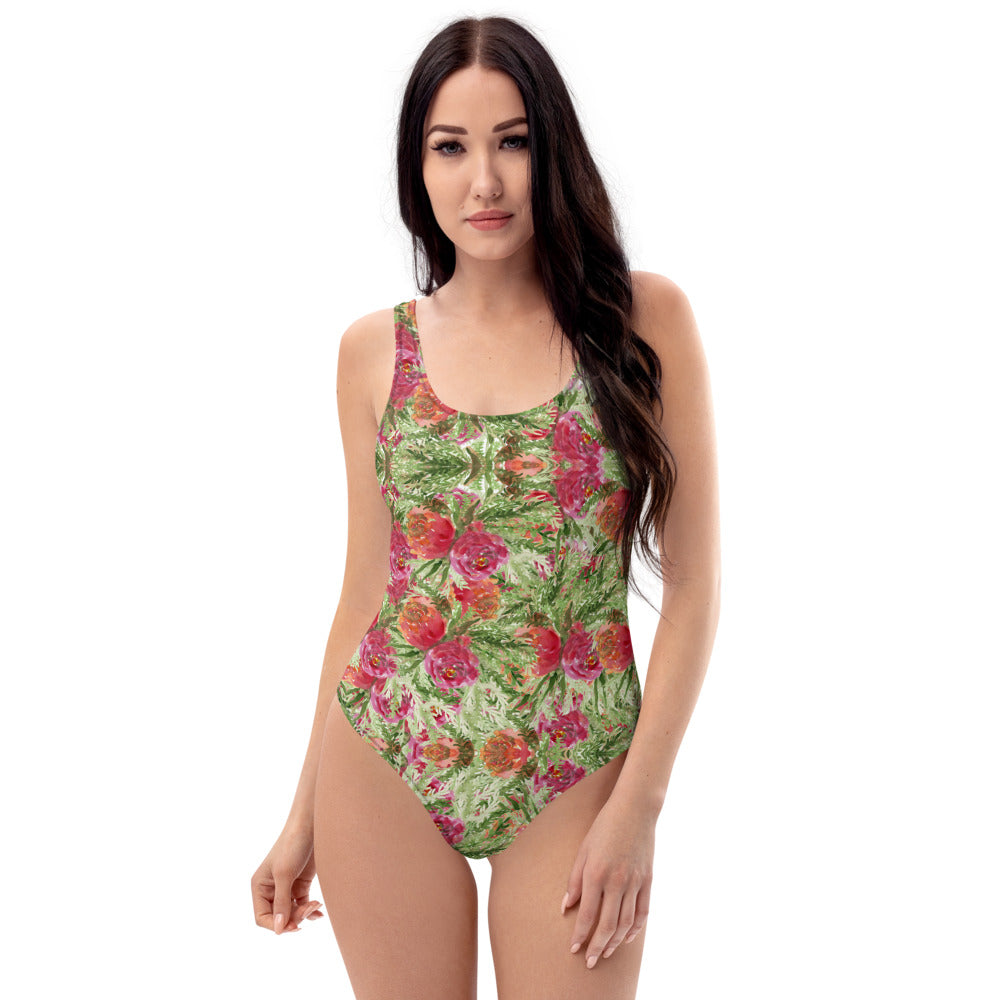 Red Roses One-Piece Swimsuit, Garden Rose Floral Print Women's Swimwear-Made in USA/EU-Heidi Kimura Art LLC-XS-Heidi Kimura Art LLC
