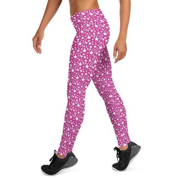 Hot Pink White Star Pattern Print Women's Fancy Dressy Casual Leggings- Made in USA/EU-Casual Leggings-Heidi Kimura Art LLC