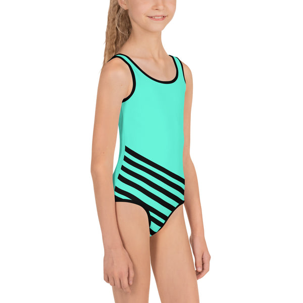 Blue + Black Diagonally Striped Print Girl's Cute Premium Kids Swimsuit Bathing Suit-Kid's Swimsuit (Girls)-Heidi Kimura Art LLC