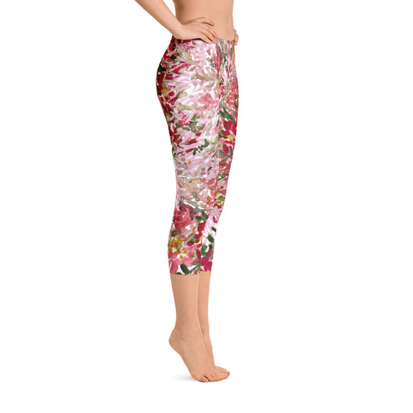 Fall Red Floral Capri Leggings Casual Fashion Activewear - Made in USA (US Size: XS-XL)-capri leggings-Heidi Kimura Art LLC
