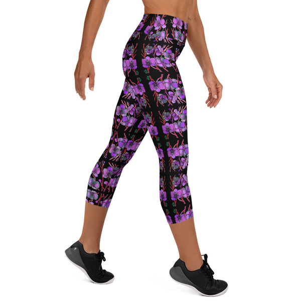 Purple Orchids Yoga Capri Leggings, Floral Print Women's Capris Tights- Made in USA/EU-Heidi Kimura Art LLC-Heidi Kimura Art LLC