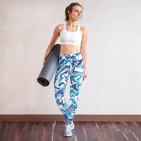 Blue Swirl Yoga Leggings, Abstract Print Women's Tights-Made in USA/EU-Heidi Kimura Art LLC-Heidi Kimura Art LLC