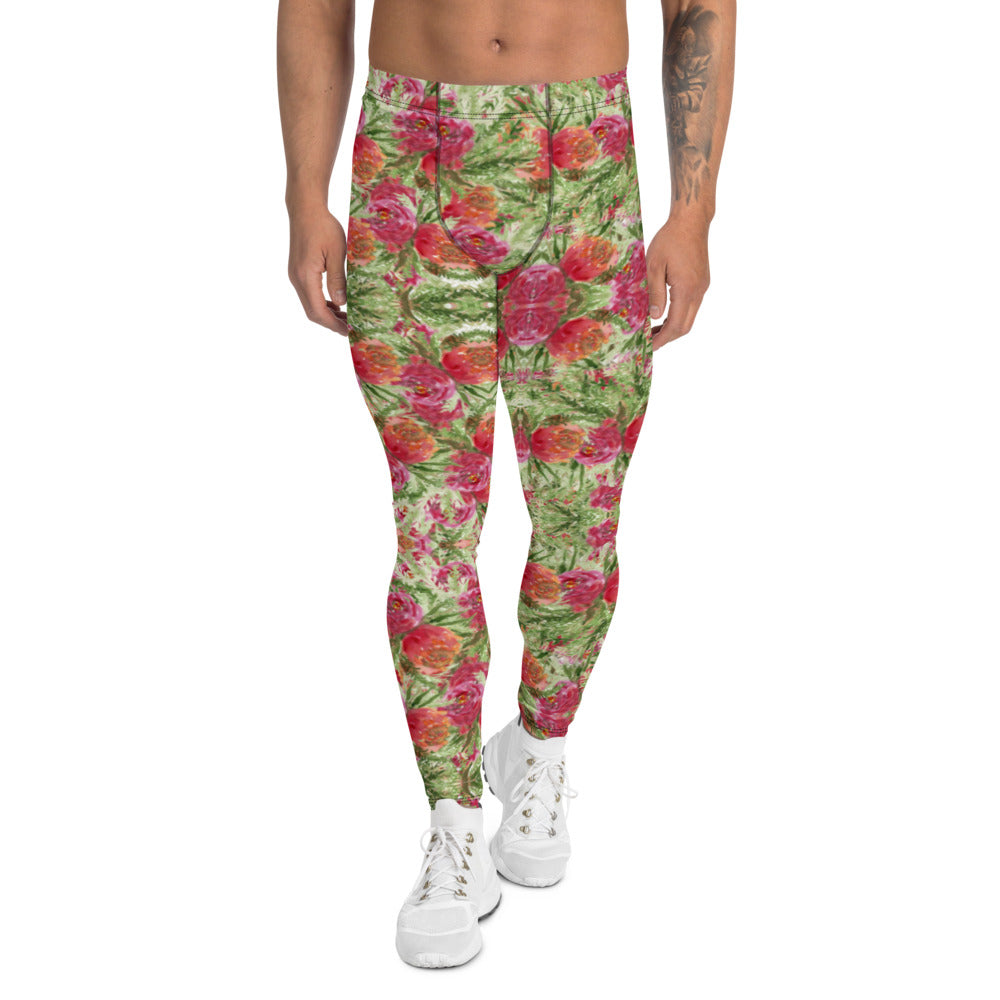Red Rose Floral Men's Leggings-Heidikimurart Limited -XS-Heidi Kimura Art LLC Red Rose Floral Men's Leggings, Colorful Flower Print Stylish Colorful Sexy Meggings Men's Workout Gym Tights Leggings, Men's Compression Tights Pants - Made in USA/ EU/ MX (US Size: XS-3XL) 