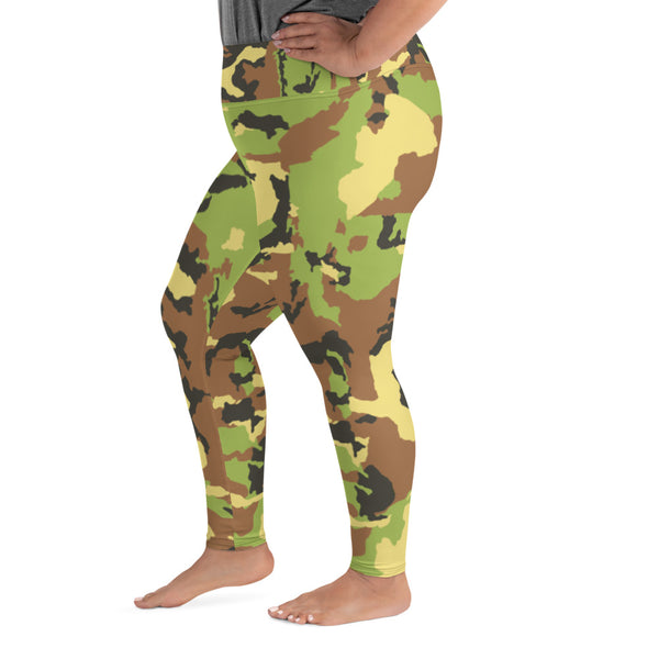 Green Camo Print Plus Size Leggings, Adventurer's Camouflage Army Tights- Made in USA/ EU-Women's Plus Size Leggings-Heidi Kimura Art LLC