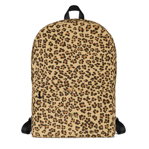 Brown Leopard Animal Print Unisex School Travel Backpack Bag- Made in USA/EU-Backpack-Heidi Kimura Art LLC Brown Leopard Backpack, Brown Leopard Animal Print Designer Medium Size (Fits 15" Laptop) Water Resistant College Unisex Backpack for Travel/ School/ Work - Made in USA/ Europe