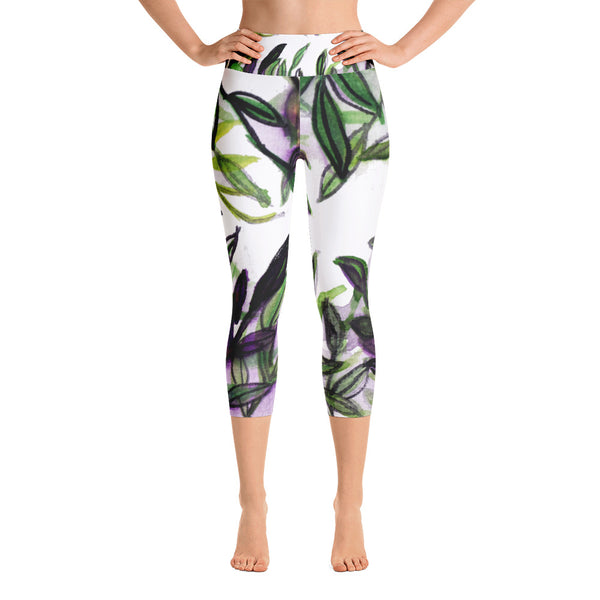 Tropical Leaves Print Yoga Pants Capri Designer Leggings Athletic Outfit - Made in USA-Capri Yoga Pants-XS-Heidi Kimura Art LLC Tropical Leaves Print Capris Tights, Best Tropical Leaves Print Women's Yoga Pants Capri Designer Leggings Athletic Gym Workout Outfit - Made in USA/EU/MX (US Size: XS-XL)