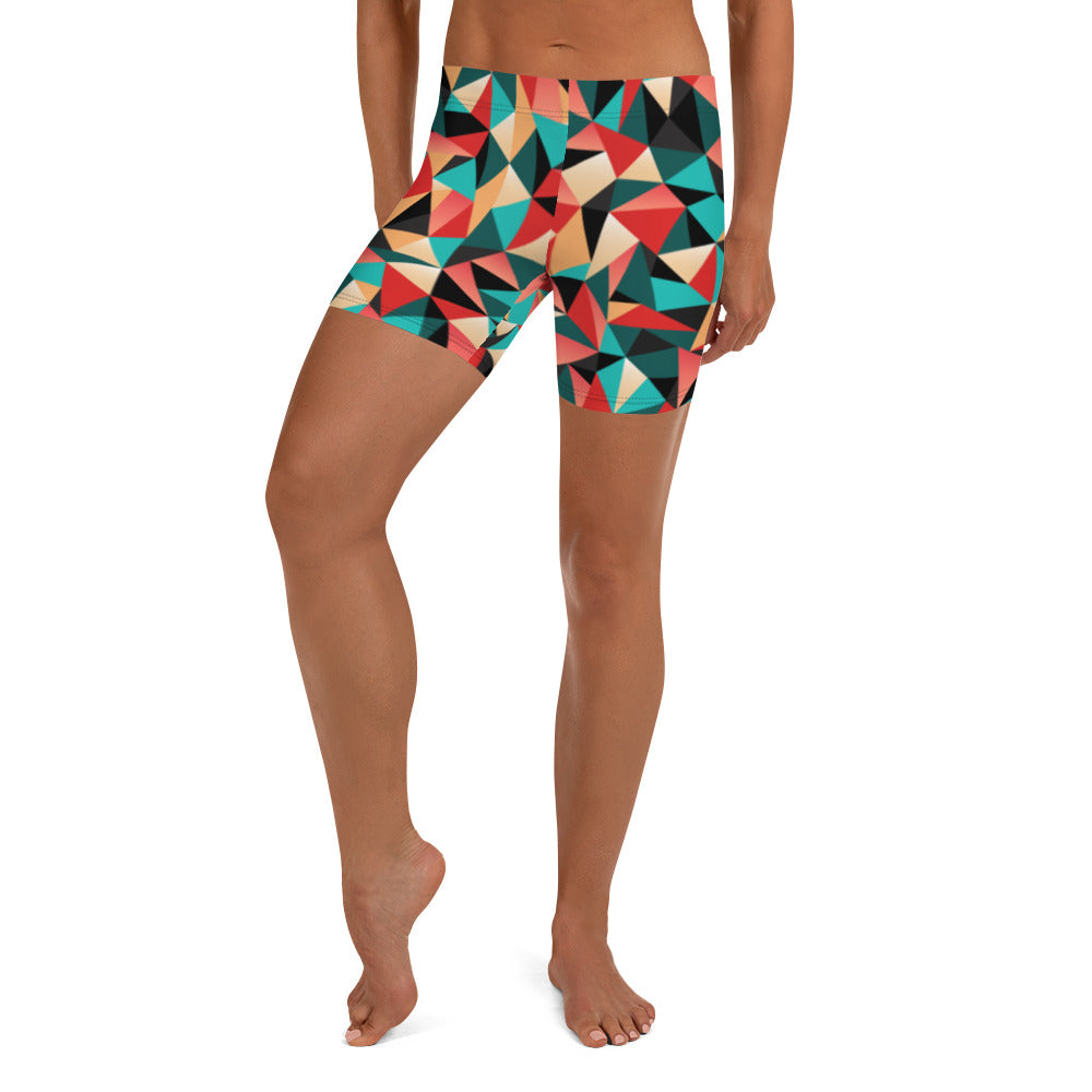 Red Geometric Women's Sports Shorts, Patterned Colorful Ladies Exercise Shorts-Heidikimurart Limited -XS-Heidi Kimura Art LLC Red Geometric Sexy Workout Shorts, Women's Colorful Designer Women's Elastic Stretchy Shorts Short Tights -Made in USA/EU/MX (US Size: XS-3XL) Plus Size Available, Gym Tight Pants, Pants and Tights, Womens Shorts, Short Yoga Pants