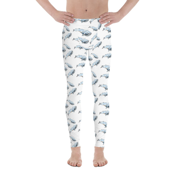 Blue Whale Men's White Leggings, Run Compression Tights - Made in USA/EU-Heidikimurart Limited -Heidi Kimura Art LLCBlue Whale Men's White Leggings, Men's Watercolor Blue Whale Men's Leggings, Whale Marine Life Men's Modern Meggings, Men's Leggings Tights Pants - Made in USA/EU (US Size: XS-3XL) White Sexy Meggings Men's Workout Gym Tights Leggings