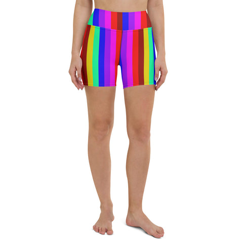 Rainbow Striped Yoga Shorts, Gay Pride Parade Colorful Bright Best Bestselling Women's Sexy Premium Quality Yoga Shorts, Gym Fitness Tights, Short Workout Hot Pants, Made in USA/ EU  (US Size: XS-XL) 