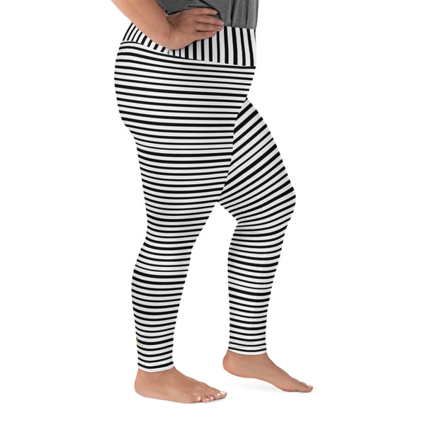 Horizontal Black White Striped Print Women's Plus Size Leggings Yoga Pants- Made in USA/EU-Women's Plus Size Leggings-Heidi Kimura Art LLC