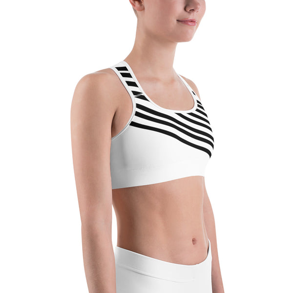 Classic White Black Diagonal Stripe Print Women's Sports Fitness Bra-Made in USA/EU-Sports Bras-Heidi Kimura Art LLC