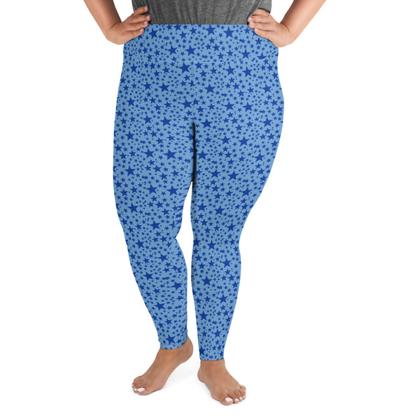Light Blue Star Space Pattern Print Plus Size Women's Leggings Yoga Pants - Made in USA/EU-Women's Plus Size Leggings-Heidi Kimura Art LLC
