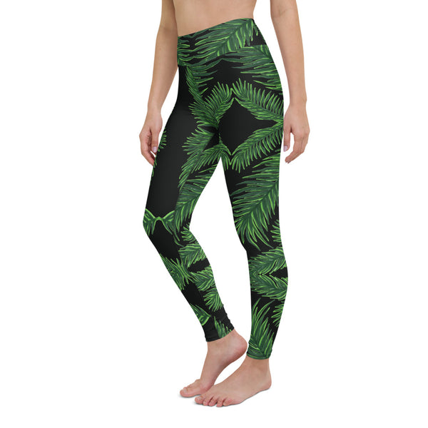 Black Tropical Leaf Print Yoga Leggings, Green Palm Leaf Women's Yoga Tights-Made in USA/EU-Heidi Kimura Art LLC-Heidi Kimura Art LLC