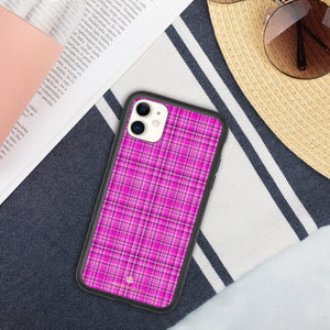 Pink Plaid iPhone Case, Tartan Print Biodegradable Phone Case-Heidi Kimura Art LLC-iPhone 11-Heidi Kimura Art LLC