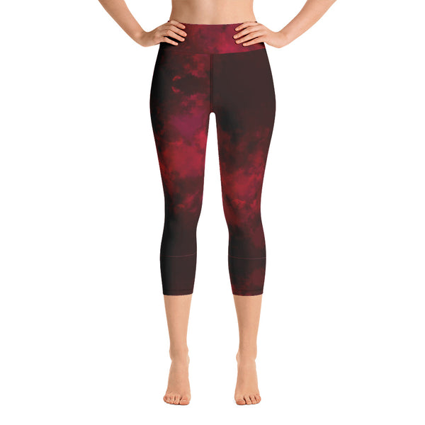 Red Abstract Yoga Capri Leggings-Heidikimurart Limited -Heidi Kimura Art LLC Red Abstract Yoga Capri Leggings, Best Wine Red Abstract Print Comfy Capri Leggings Yoga Pants - Made in USA/EU/MX (US Size: XS-XL)