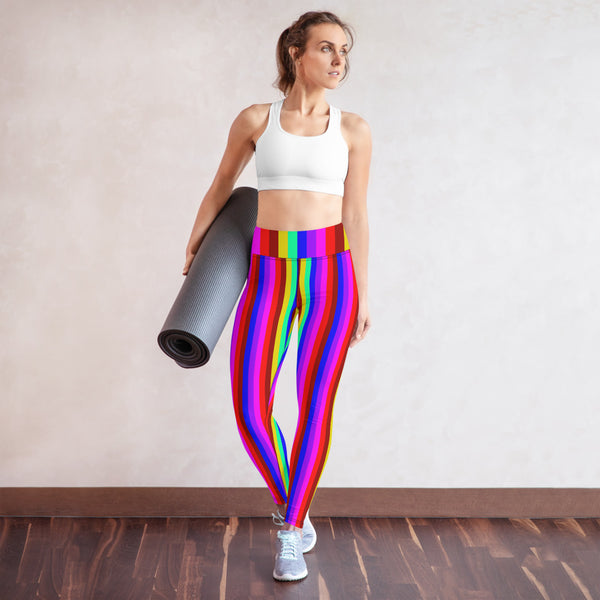 Rainbow Striped Yoga Leggings, Gay Pride Women's Long Tights-Made in USA/EU-Heidi Kimura Art LLC-Heidi Kimura Art LLC