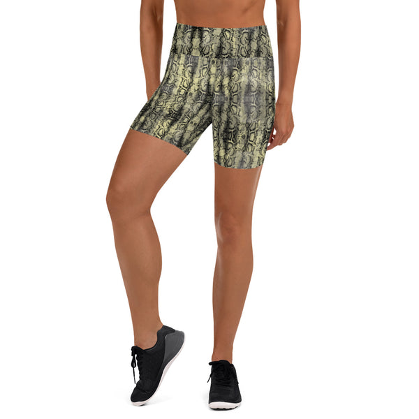Snakeskin Print Women's Yoga Shorts, Premium Green Snake Print Short Tights-Heidikimurart Limited -Heidi Kimura Art LLC