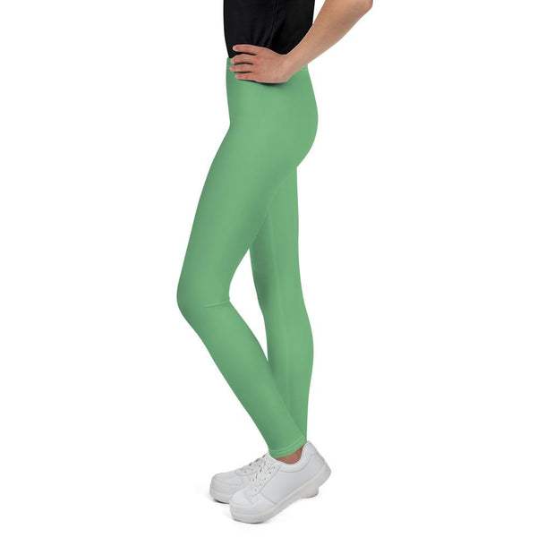 Pastel Green Solid Color Premium Youth Leggings Compression Tights - Made in USA/EU-Youth's Leggings-Heidi Kimura Art LLC
